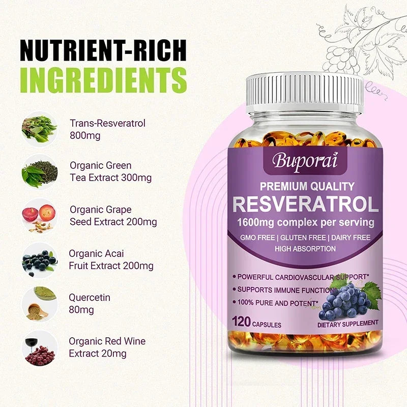 Resveratrol Capsules - Antioxidant Supplement for Heart and Cell Health, Supports Healthy Skin and Immune System