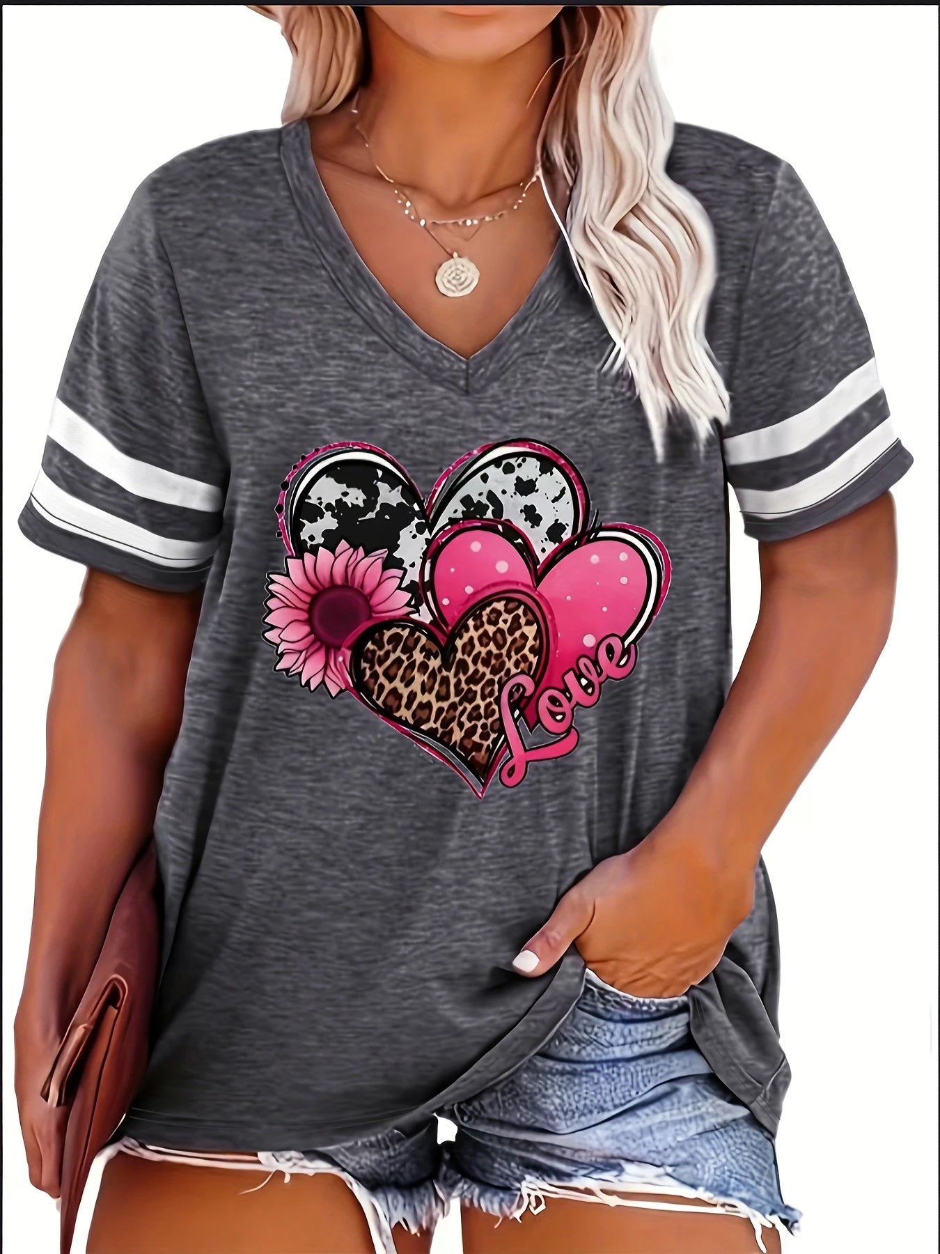2024 Plus Size Spring/Summer New Love Print Casual Fashion Women's V-Neck Short-Sleeved Loose T-Shirt 5XL 6XL