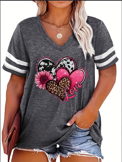 2024 Plus Size Spring/Summer New Love Print Casual Fashion Women's V-Neck Short-Sleeved Loose T-Shirt 5XL 6XL