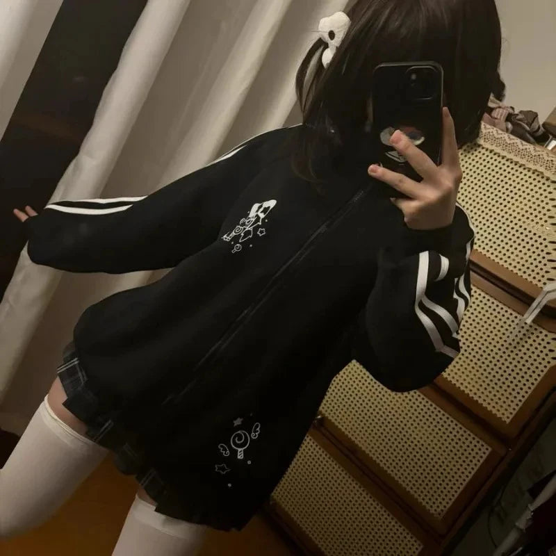 Black Cute Sweatshirts Coat Women's Clothing Stand Neck Zipper Jackets Y2k Tops Fashion Casual Hoodies Ropa Mujer Chic 1688 black