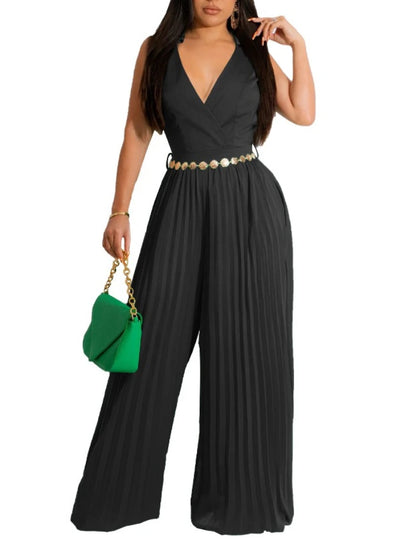 Elegant Solid Wide Leg Rompers Fashion High Waisted Lace Up Party Lady Play Suits Women Chic Sleeveless V Neck Jumpsuits Black