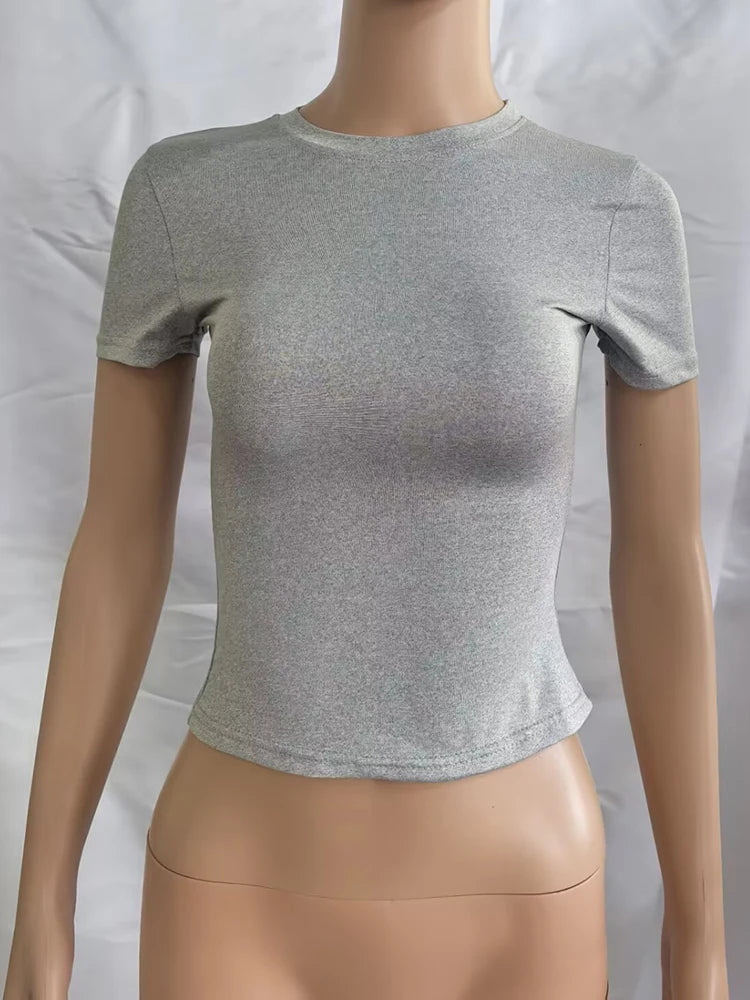 2025 New High Quality Casual T shirt Sexy Slim Short Sleeves Fashion Trend Solid Women Clothing y2k Tops Light Grey