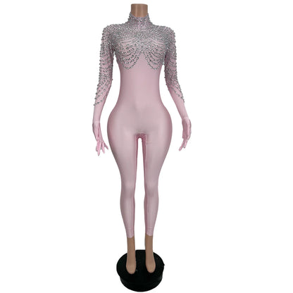 High Elasticity Large Sized Women Jumpsuit Shiny Red Shawl Rhinestone Tight Pants with Glove Acrobatic Pole Dance Costume pijian Badiee Stylez