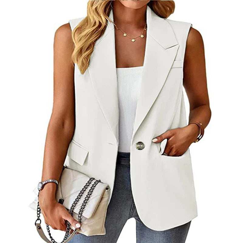 Plus Size European and American Spring/Summer Style Commuting Casual Sleeveless cardigan vest Vest Vest Women's suit WHITE