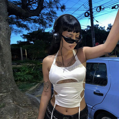 Y2K Sexy Backless Summer Crop Top Women Hollow Out White Sleeveless Bandage Halter Tank Tops Streetwear Cami 90s WHITE