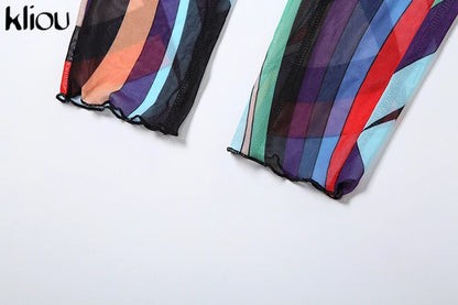 kliou Mesh Colorful Plaid Women Jumpsuits Fashion Panelled Full Sleeve Stand Collar Slim Overalls Female Stunnig Club One Piece