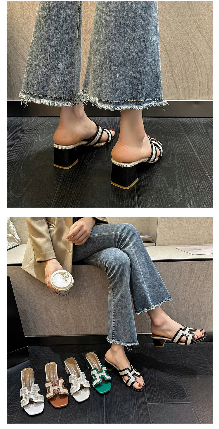 2025 Summer new arrival,fashion style grids high heel slippers for woman,thick heel outwear beach sandals for women