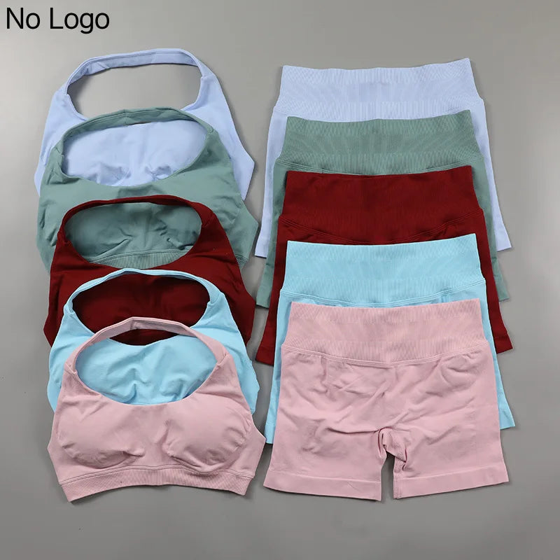 Fitness Shorts Sets Seamless Yoga Set Women 2Pcs Halter Sports Bra Scrunch Butt Gym Shorts Set Workout Clothes Summer Sportswear Badiee Stylez