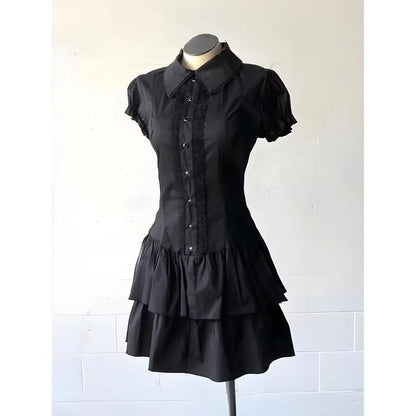 Vintage Black Y2k Dresses Lace Shirt Dress for Women Slim Waist All-match Dresses Short Sleeve Vestidos De Mujer Summer Dress