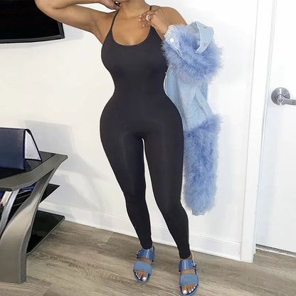 Dulzura Solid Bodycon Strap Jumpsuit For Women Bodycon Sexy Streetwear Fall Winter Skinny Rompers Sportswear Wholesale Items black