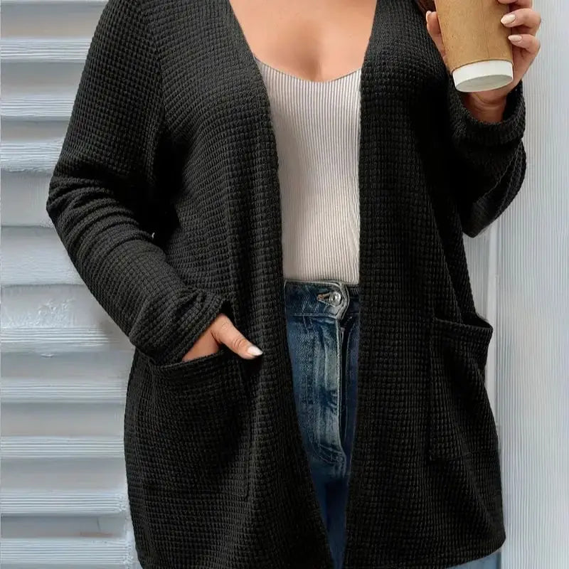 Plus size pure color pocket cardigan coat, casual long-sleeved shirt, suitable for spring and autumn wear, women plus size cloth SH109hei