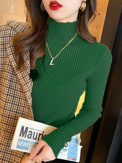 Elegant Solid Basic Knitted Tops Women Turtlneck Sweater Long Sleeve Casual Slim Pullover Korean Fashion Simple Chic Clothes green One Size