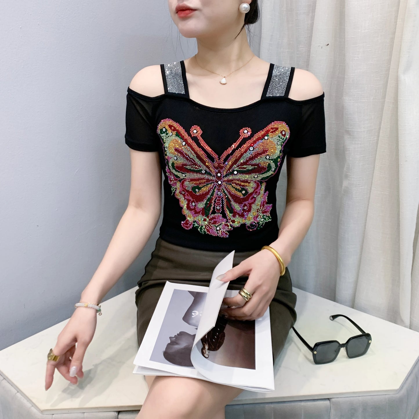 New Arrival Summer European Clothes Women's T-Shirts Chic Luxury Butterfly Hot Diamonds Tees Sexy Girl Slim Streetwear Tops Picture color 8