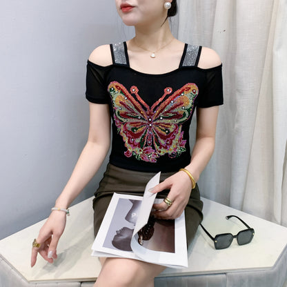 New Arrival Summer European Clothes Women's T-Shirts Chic Luxury Butterfly Hot Diamonds Tees Sexy Girl Slim Streetwear Tops Picture color 8