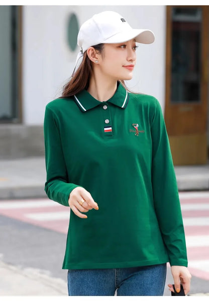 European Station Polo Neck Long sleeved T-shirt Women's Summer New High end Luxury Pure Cotton Loose Fashion Casual Large Top