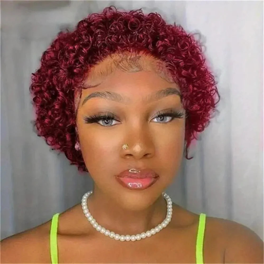 99J Short Curly Lace Front Human Hair Wigs 13X1 Pixie Cut Short Curly Human Hair Wigs Red Water Wave Wigs For Women Human Hair
