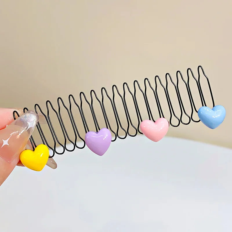 New Cute Colorful Heart Star Bow Pull-out Stretch Metal Hair Comb For Girls Broken Hair Finish Headband Fashion Hair Accessories color love