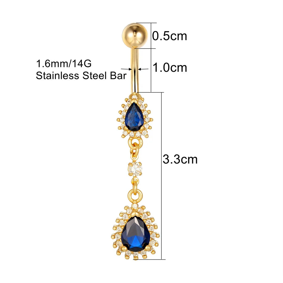 Luxury Blue Zircon Water Drop Belly Button Ring for Women Crystal Dangle Navel Piercing 14G Surgical Steel Barbell Body Jewelry