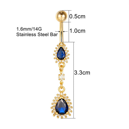 Luxury Blue Zircon Water Drop Belly Button Ring for Women Crystal Dangle Navel Piercing 14G Surgical Steel Barbell Body Jewelry