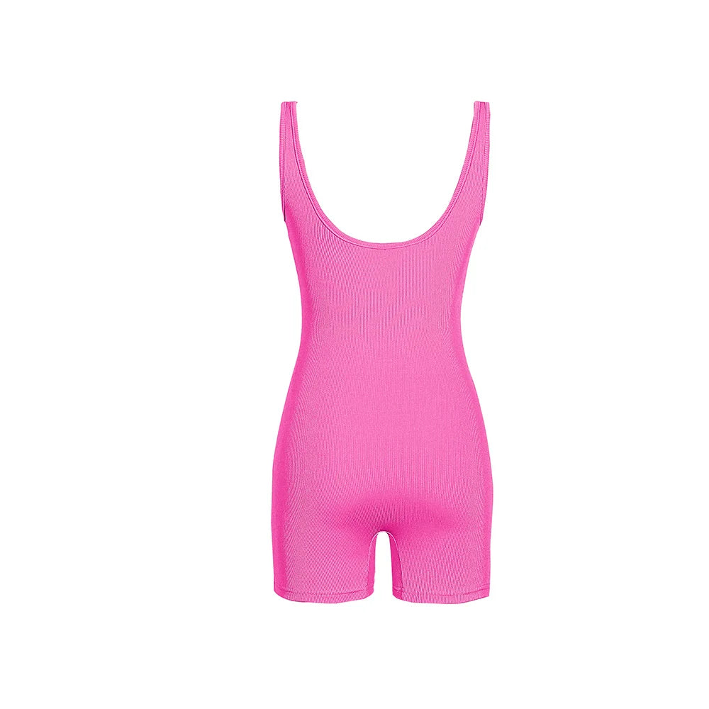 Women's Solid Color Camisole Square Neck Stretchy One-Piece Jumpsuit Sports Tank Top with Tight Pants And Belly Control