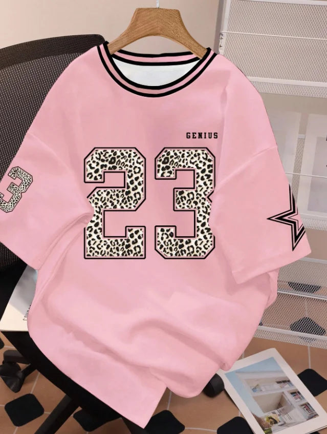 Women's Letter Leopard NO.23 Print Round Neck Short Sleeve T-Shirt Summer Graphic Tee Plus Size Sport T-Shirt