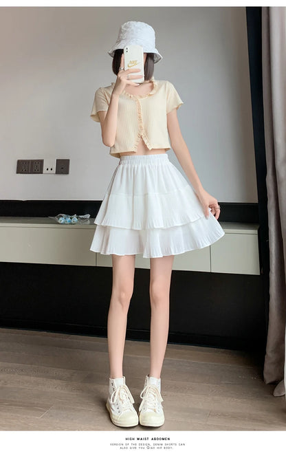 Casual Summer Ball Gown Pleated Skirts Women 2024 Korean Fashion Clothing Faldas Largas High Waist Black White A Line Mini Skirt