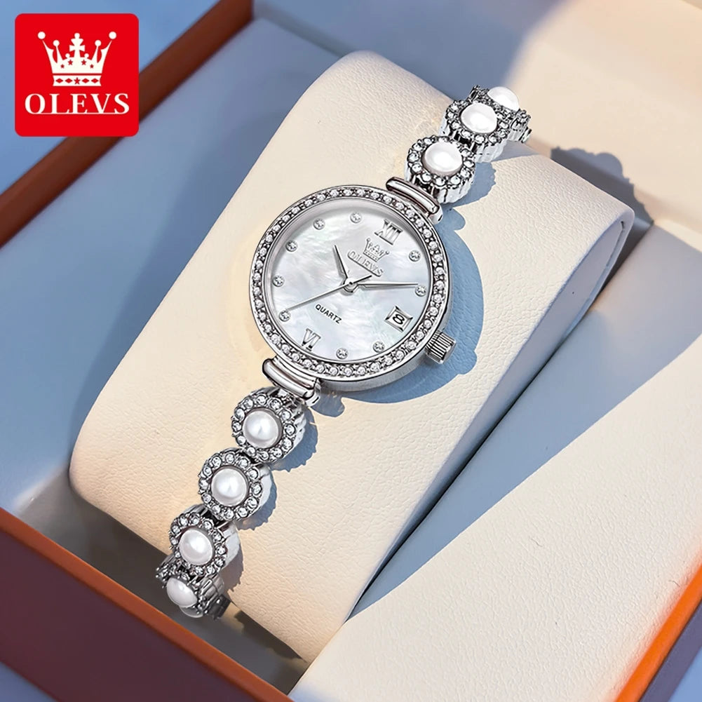 OLEVS 5635 Fully Diamond Pearl Hand Chain Watch Fashion Elegant Waterproof Women's Watches Original Quartz Wrist Watch for Women Silver White