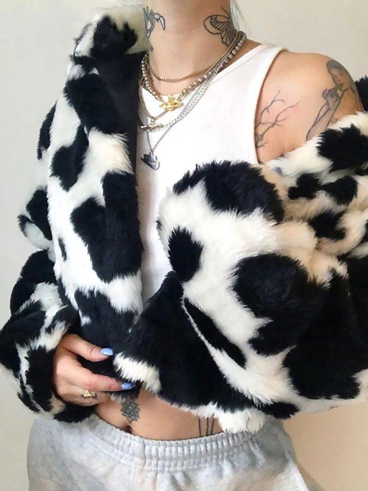 Goth Dark Punk Style Gothic Crop Faux Fur Y2k Coats Fashion Color Block Long Sleeve Women Cardigan Jackets Warm Streetwear 2023