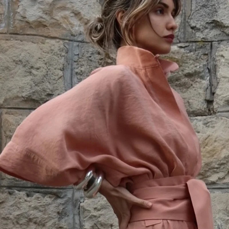 Linen Lace Up Women's Jumpsuit High V-neck Full Sleeve Top Loose Straight-leg Pants 2025 Summer Chic Female Casual Streetwear