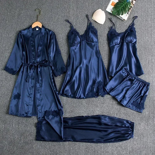 5-piece Set of Women's Sleepwear Sexy Silk Nightgown Lace Satin Nightgown V-neck Vest Breathable Comfortable Women's Nightgown