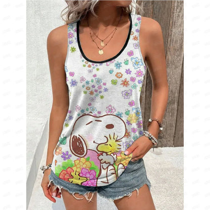Women's Blouse black Shirts & Blouses Cartoon Snoopy Print Sleeveless Tops Loose V Neck Pulovers Summer Youthful Woman Clothes BXZ1GH01117