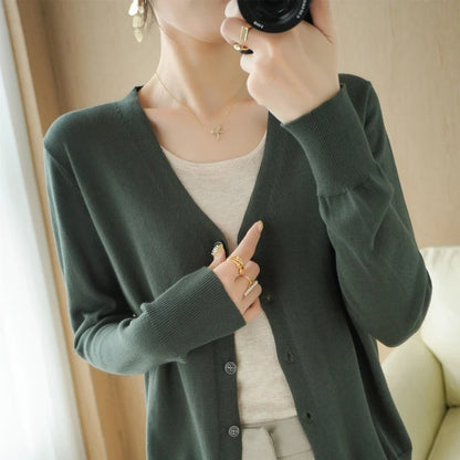 100% Cotton Line Long Sleeve V-Neck Knitted Cardigan Women Loose Short Solid Color Simple Sun Protection SMY K61 hui lv