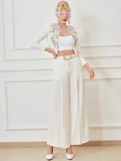 Elegant Office Ladies Designer Handmade Diamonds Slim Fit Short Jacket Hgih Waist Wide Leg Pants Women Two Piece Set Size S-5XL Badiee Stylez