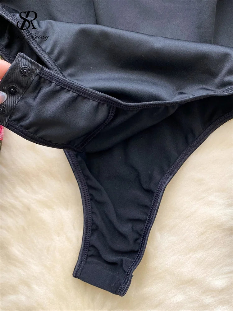 SINGREINY Vintage Embroidery Gauze Sexy Bodysuits Stand Collar Long Sleeve Playsuits Fashion Spliced Women Open crotch Rompers