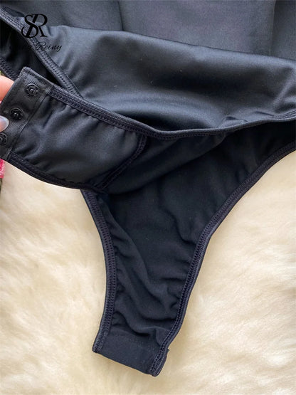 SINGREINY Vintage Embroidery Gauze Sexy Bodysuits Stand Collar Long Sleeve Playsuits Fashion Spliced Women Open crotch Rompers