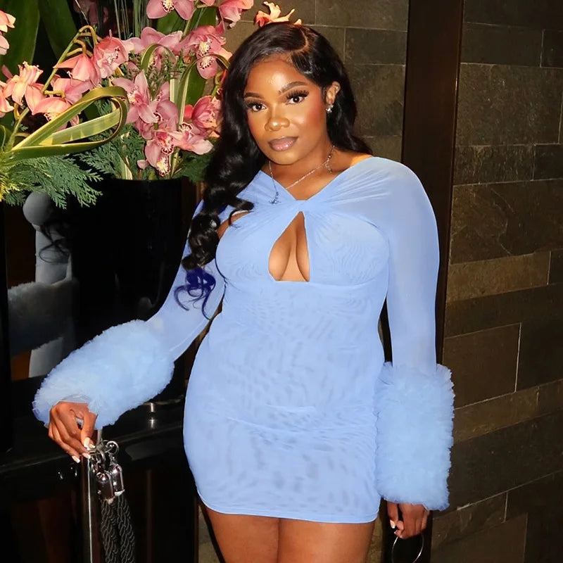 2025 Autumn Furry Patchwork Dress Women See Through Full Sleeve Sexy Hollow Cross Elegant Luxury Banquet Birthday Party Clubwear Badiee Stylez