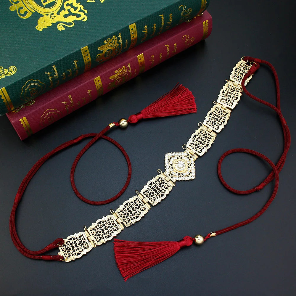 Sunspicems Thin Women Hand Rope Belt Gold Color Crystal Morocco Waist Chain Belt Caftan Abaya Body Chain Arabic Bride Jewelry