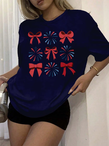 Plus Size Festive Bow And Firework Graphic Tee Elegant Celebration Inspired Top For Stylish Occasions Blue