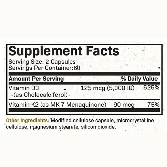 Vitamin K2 + D3 Supplement - Promotes Calcium Absorption, Helps Promote Bone, Teeth, Joints, Heart Immune Health