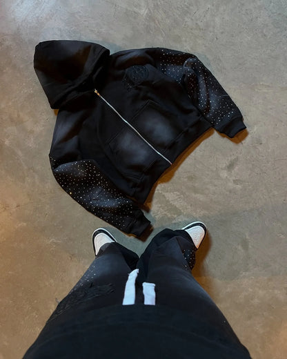 Autumn and winter European loose rhinestone decal retro zipper hoodie y2k Harajuku casual solid color sports design street hoodi