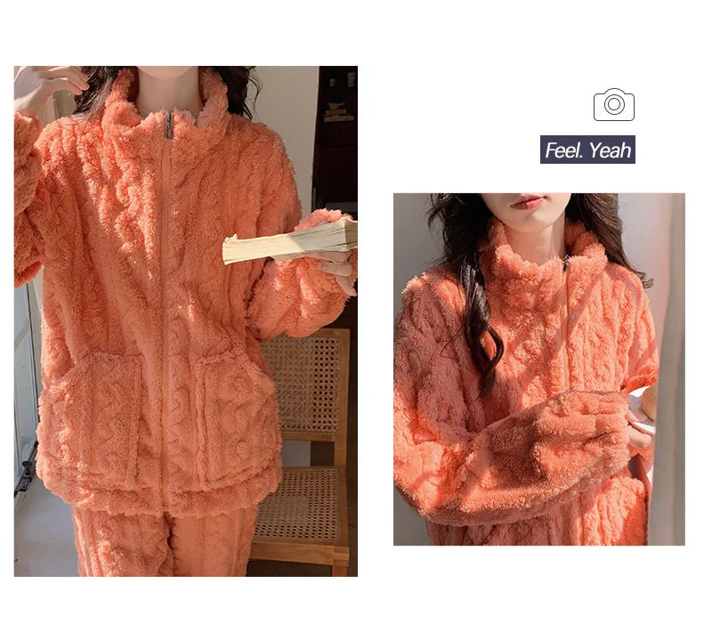 Large Size Flannel Pajamas Set Autumn Winter Female Sleepwear Trouser Suit Thicken Coral Fleece High Collar Lounge Wear Homewear
