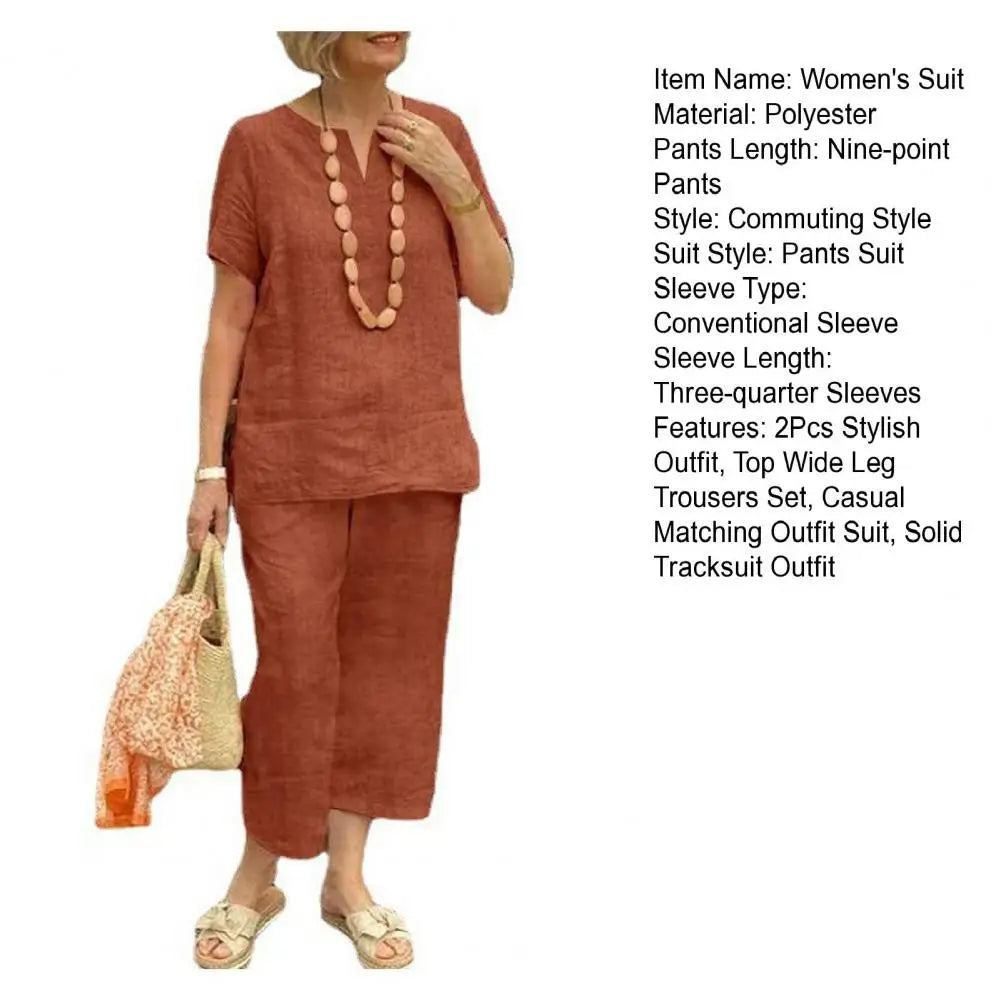 2Pcs Women Blouse Pants Set Solid Color Short Sleeve Loose Top Wide Leg Straight Pants Sets Casual Matching Tracksuit Outfit