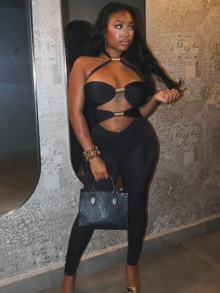 Sibybo Sleeveless Hollow Out Jumpsuit Women Fashion Metal Buckle Halter Backless Bodycon Rompers Overalls Sexy Party Clubwear