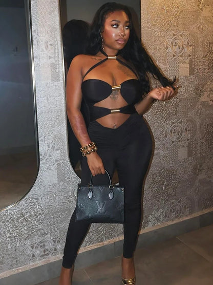 Sibybo Sleeveless Hollow Out Jumpsuit Women Fashion Metal Buckle Halter Backless Bodycon Rompers Overalls Sexy Party Clubwear