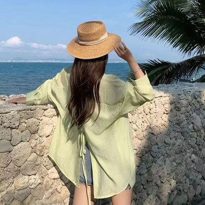 Thin Long Sleeve Sunscreen Shirt Woman Korean Fashion Back Split Lace Up White Shirts Women Casual Loose Holiday Beach Blouse green