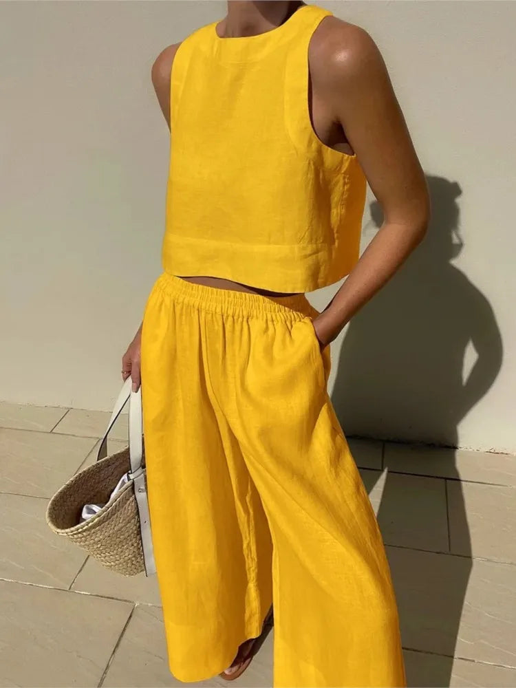 Women's Solid Color Casual Sleeveless Shirt And Pants Two Piece Summer Loose Simple Wide Leg Pants Vest Female 2025 Yellow