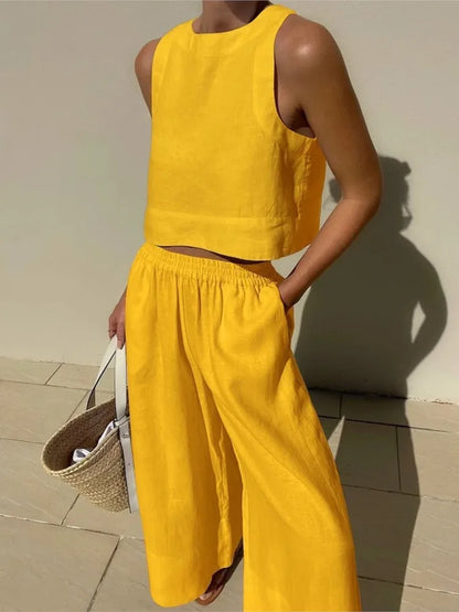 Women's Solid Color Casual Sleeveless Shirt And Pants Two Piece Summer Loose Simple Wide Leg Pants Vest Female 2025 Yellow
