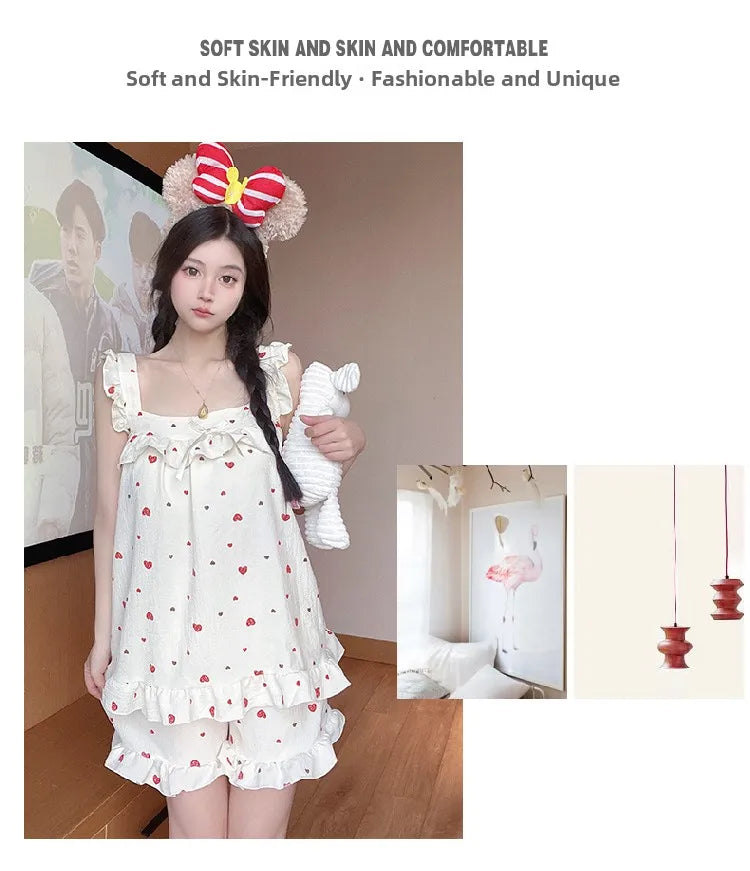 Summer Spwear Women's 2025 New Japanese Sle Fre Vest orts Woven Cotton Thin Home Clothes Set Sweet Print ort Pants