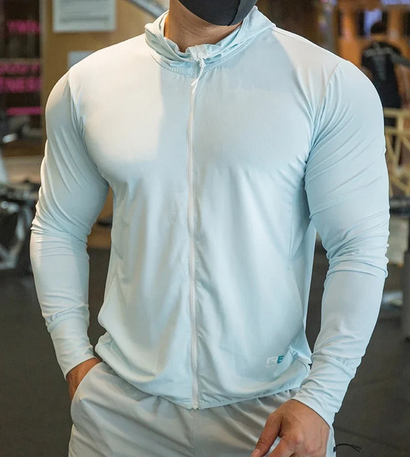 2023 new Men's Jacket Zip Hoodie Long Sleeve T-shirts Gym Sports Clothing Running Male Coat Jackets For Men Hooded Sweatshirts P102-6 Light blue