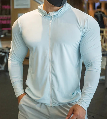 2023 new Men's Jacket Zip Hoodie Long Sleeve T-shirts Gym Sports Clothing Running Male Coat Jackets For Men Hooded Sweatshirts P102-6 Light blue